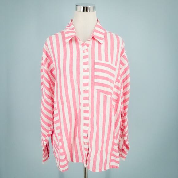 Vineyard Vines Size 14 Pink Striped Weekend Button Long Sleeve Linen Top Blouse - Picture 1 of 7